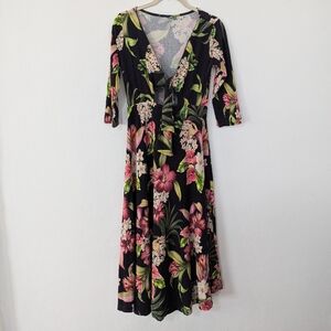 Farm Rio Tie Front Cutout Floral Tropical Print Midi Dress Black Medium M